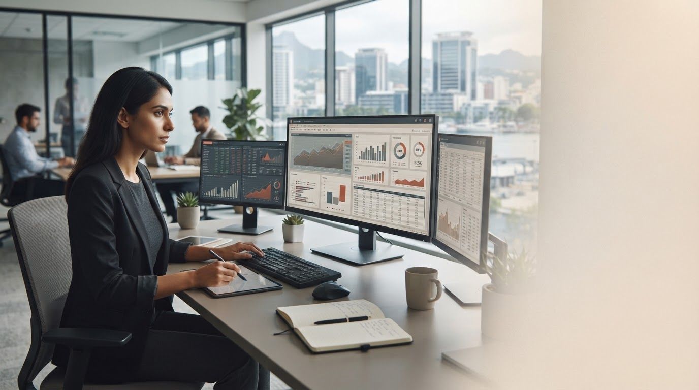 Faima Capitorio — visualization of data flows and predictive curves on a dark dashboard